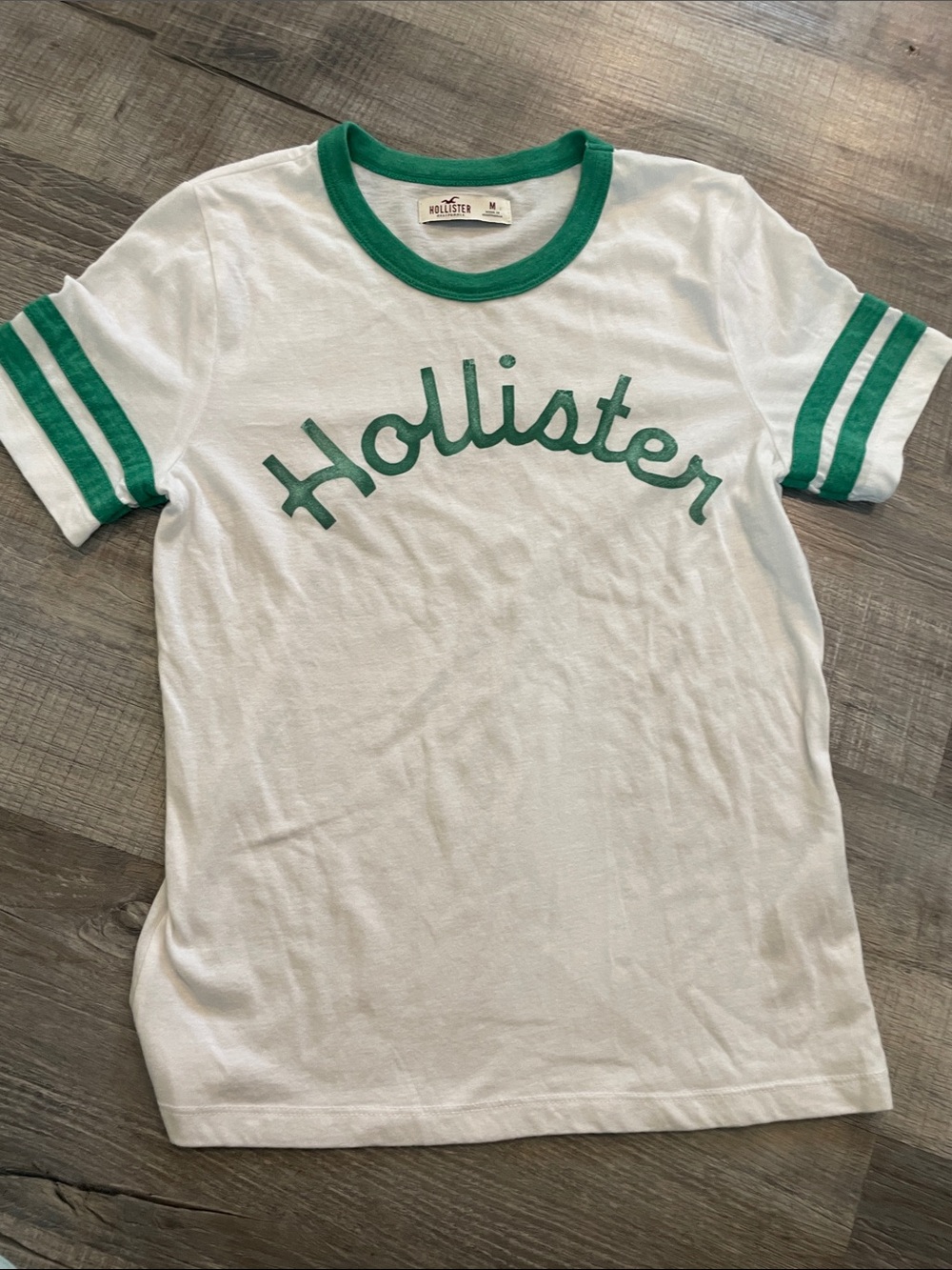 Hollister White Tee with Green Script and Trim